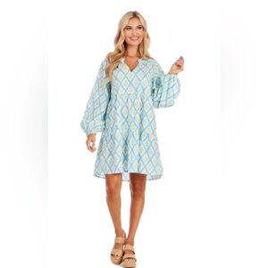 Mud Pie Blue and White and Green Patterned Long Sleeve Dress